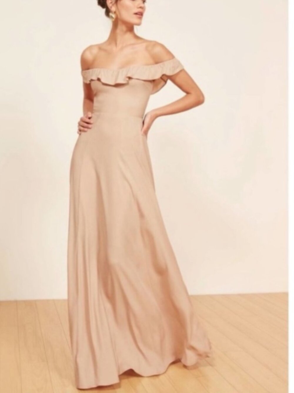 Reformation Verbena Dress Maxi Champagne Off-Shoulder Ruffle Bridesmaid Size 2